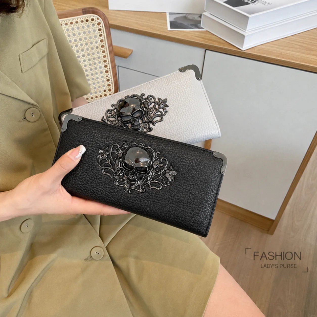 Unisex Long Men Women's Purse Punk Skull PU Leather Wallet Zipper Clutch Portable Casual Lady Cash Purse Wallet