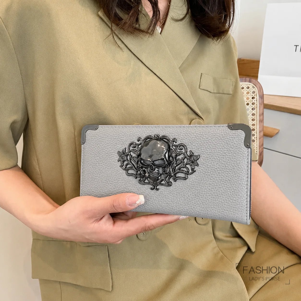 Unisex Long Men Women's Purse Punk Skull PU Leather Wallet Zipper Clutch Portable Casual Lady Cash Purse Wallet