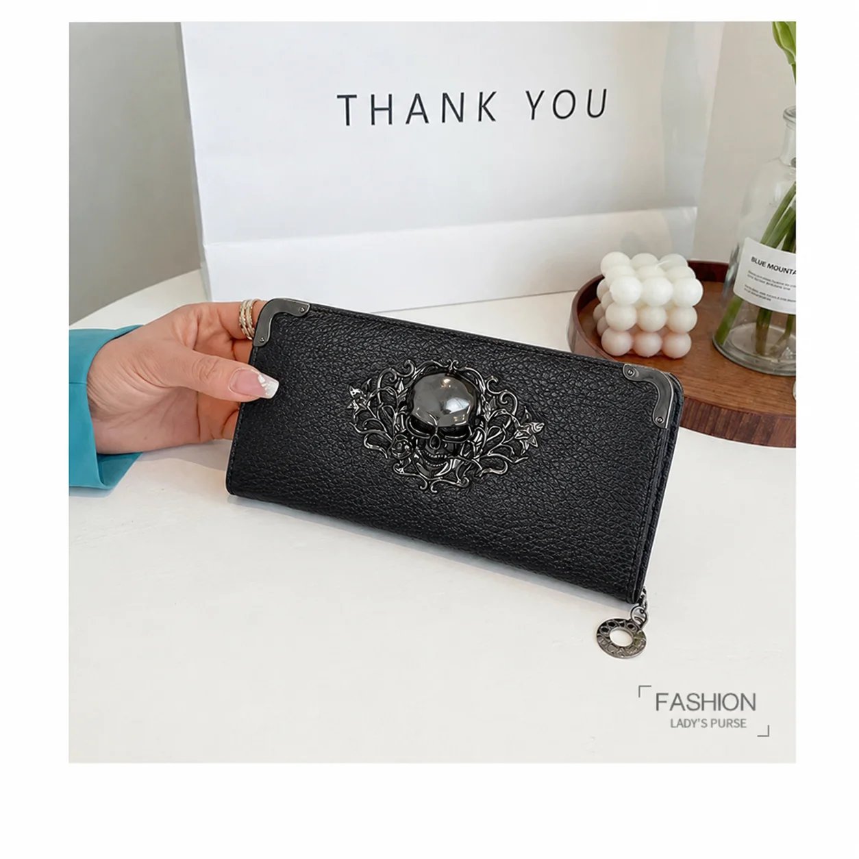 Unisex Long Men Women's Purse Punk Skull PU Leather Wallet Zipper Clutch Portable Casual Lady Cash Purse Wallet