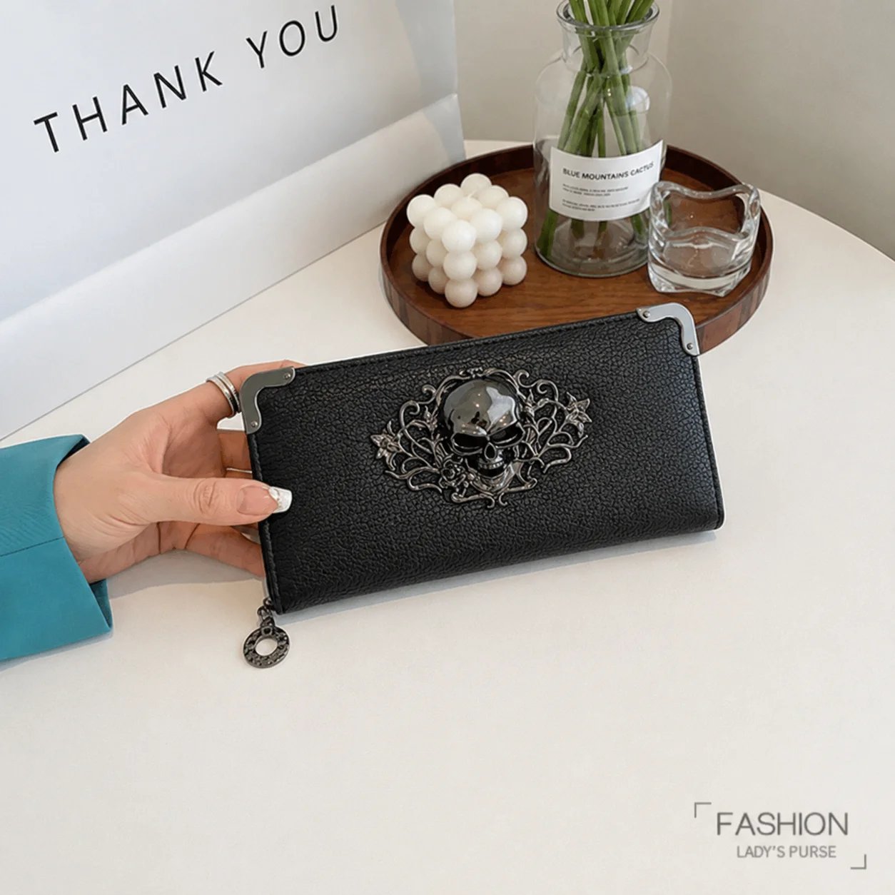 Unisex Long Men Women's Purse Punk Skull PU Leather Wallet Zipper Clutch Portable Casual Lady Cash Purse Wallet
