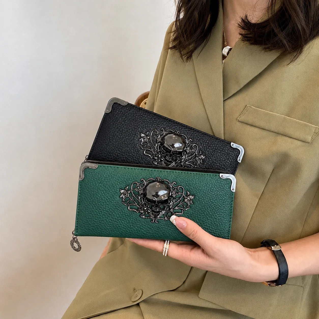 Unisex Long Men Women's Purse Punk Skull PU Leather Wallet Zipper Clutch Portable Casual Lady Cash Purse Wallet