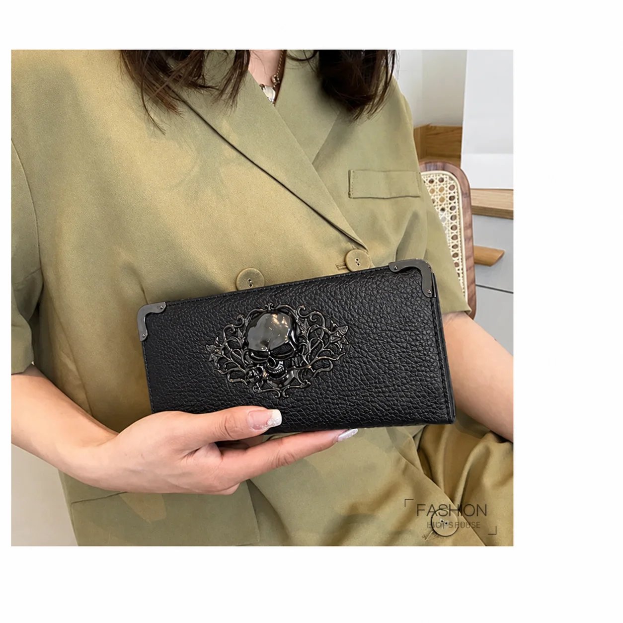 Unisex Long Men Women's Purse Punk Skull PU Leather Wallet Zipper Clutch Portable Casual Lady Cash Purse Wallet
