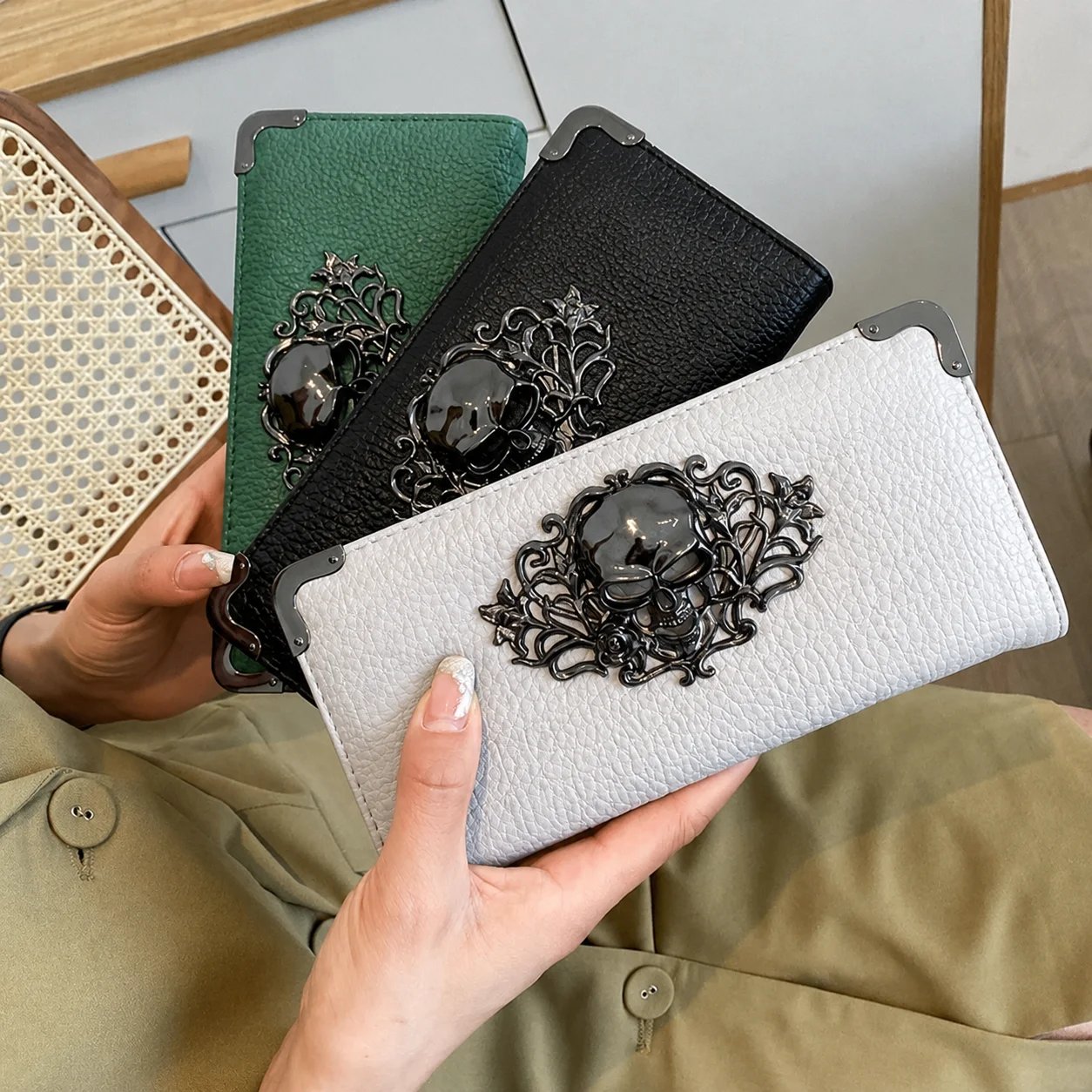 Unisex Long Men Women's Purse Punk Skull PU Leather Wallet Zipper Clutch Portable Casual Lady Cash Purse Wallet