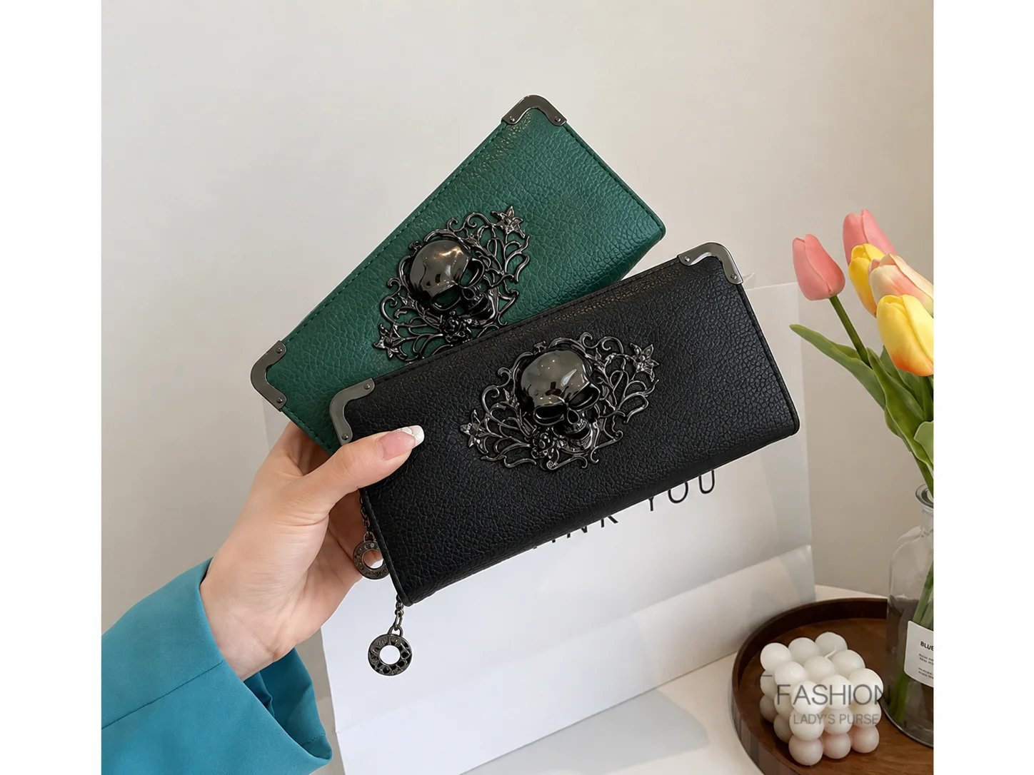 Unisex Long Men Women's Purse Punk Skull PU Leather Wallet Zipper Clutch Portable Casual Lady Cash Purse Wallet
