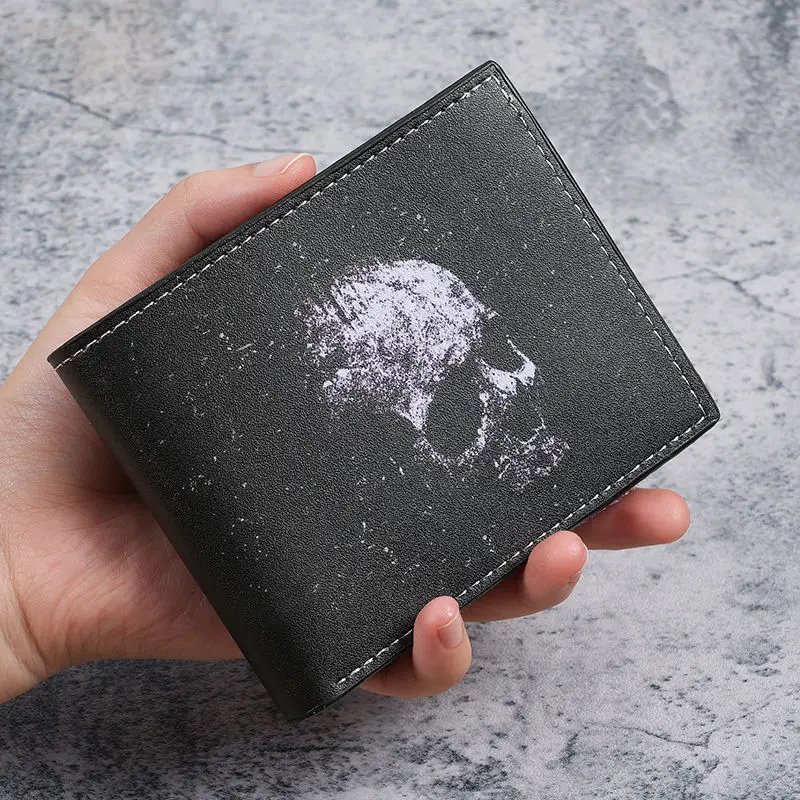 Bat Skull Print Short Wallet Retro Gothic Biker Bifold Card Holder Men Two Fold Coin Purse Casual Daily Use Leather Style