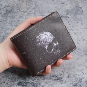 Bat Skull Print Short Wallet Retro Gothic Biker Bifold Card Holder Men Two Fold Coin Purse Casual Daily Use Leather Style
