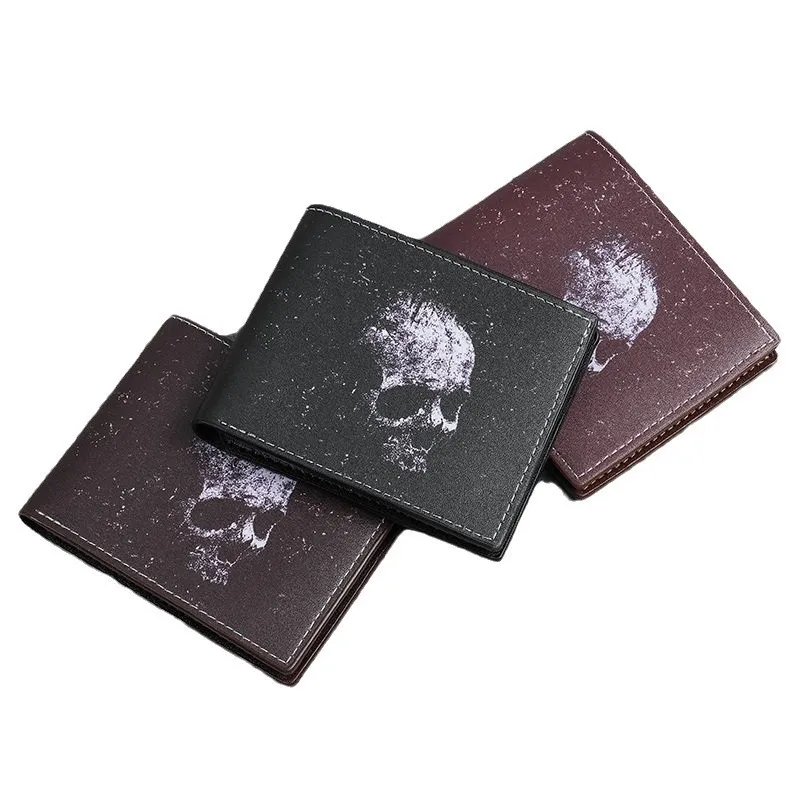 Bat Skull Print Short Wallet Retro Gothic Biker Bifold Card Holder Men Two Fold Coin Purse Casual Daily Use Leather Style