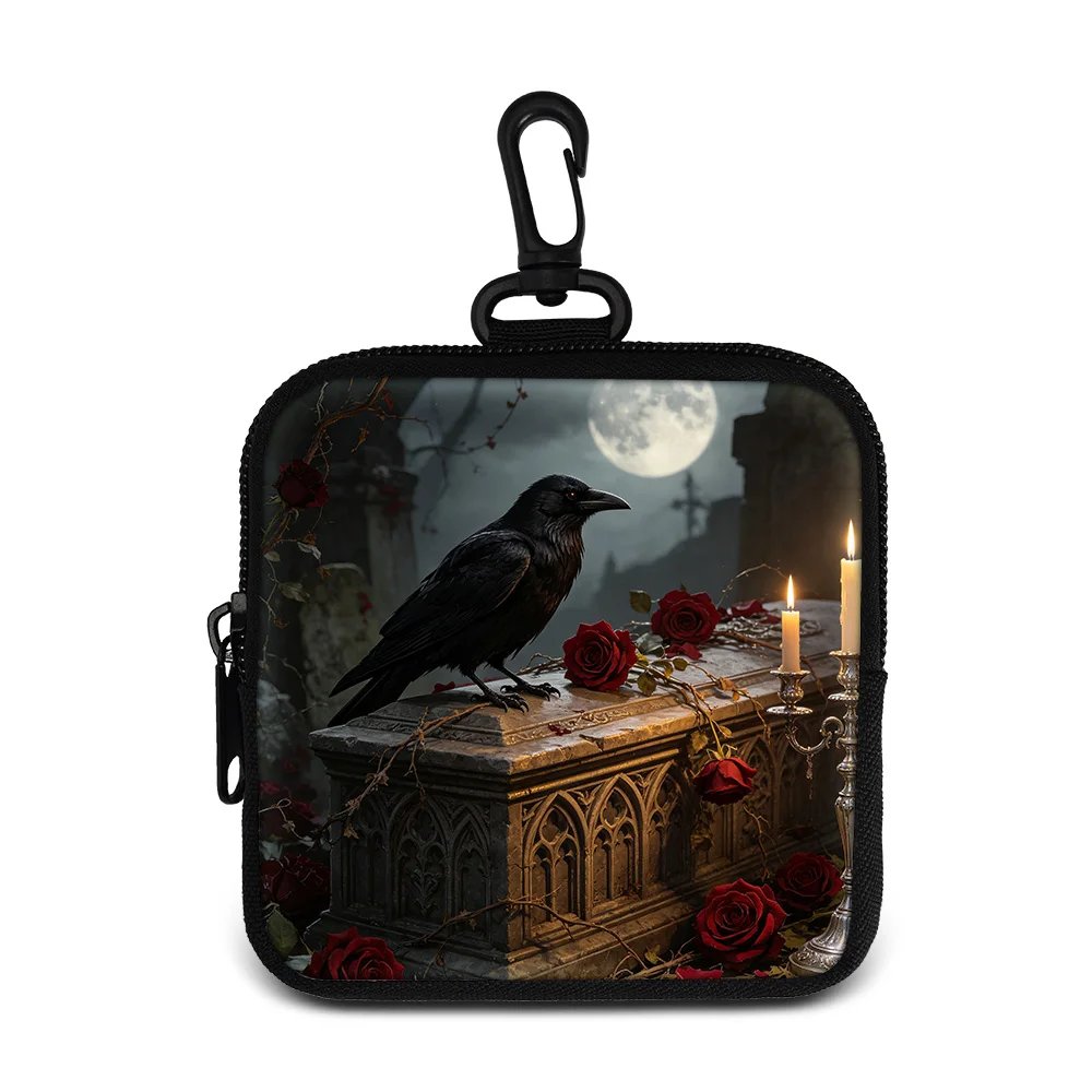 Vintage Black Gothic Bat,Cat Curiosity PatternStorage Bag Card Holder Portable Travel Bag Money Coin Purse Pocket Purse