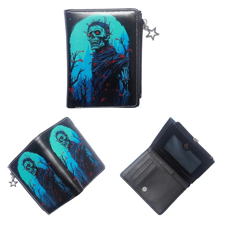 Skull Dark Halloween Theme Zipper PU Leather Wallet Cartoon Short Bilfold Purse Trendy Gift Skull Dark Halloween Theme Zipper PU Leather Wallet Cartoon Short Bilfold Purse Trendy Gift