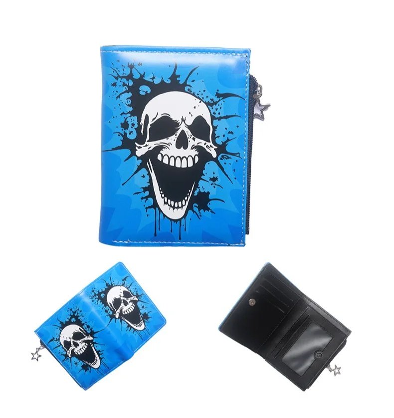 Skull Dark Halloween Theme Zipper PU Leather Wallet Cartoon Short Bilfold Purse Trendy Gift
