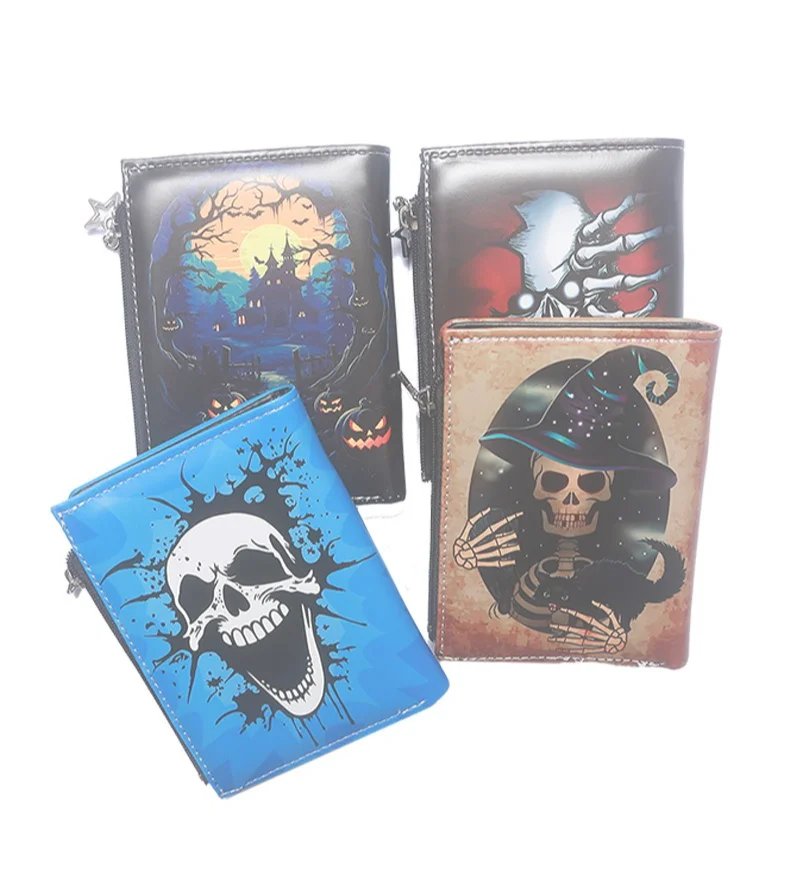 Skull Dark Halloween Theme Zipper PU Leather Wallet Cartoon Short Bilfold Purse Trendy Gift Skull Dark Halloween Theme Zipper PU Leather Wallet Cartoon Short Bilfold Purse Trendy Gift
