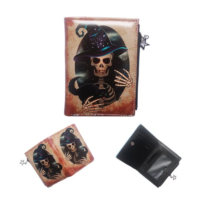 Skull Dark Halloween Theme Zipper PU Leather Wallet Cartoon Short Bilfold Purse Trendy Gift