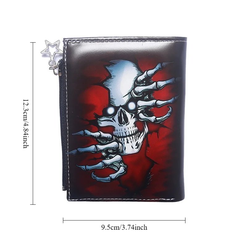 Skull Dark Halloween Theme Zipper PU Leather Wallet Cartoon Short Bilfold Purse Trendy Gift