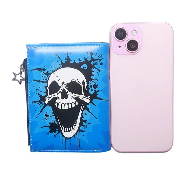 Skull Dark Halloween Theme Zipper PU Leather Wallet Cartoon Short Bilfold Purse Trendy Gift