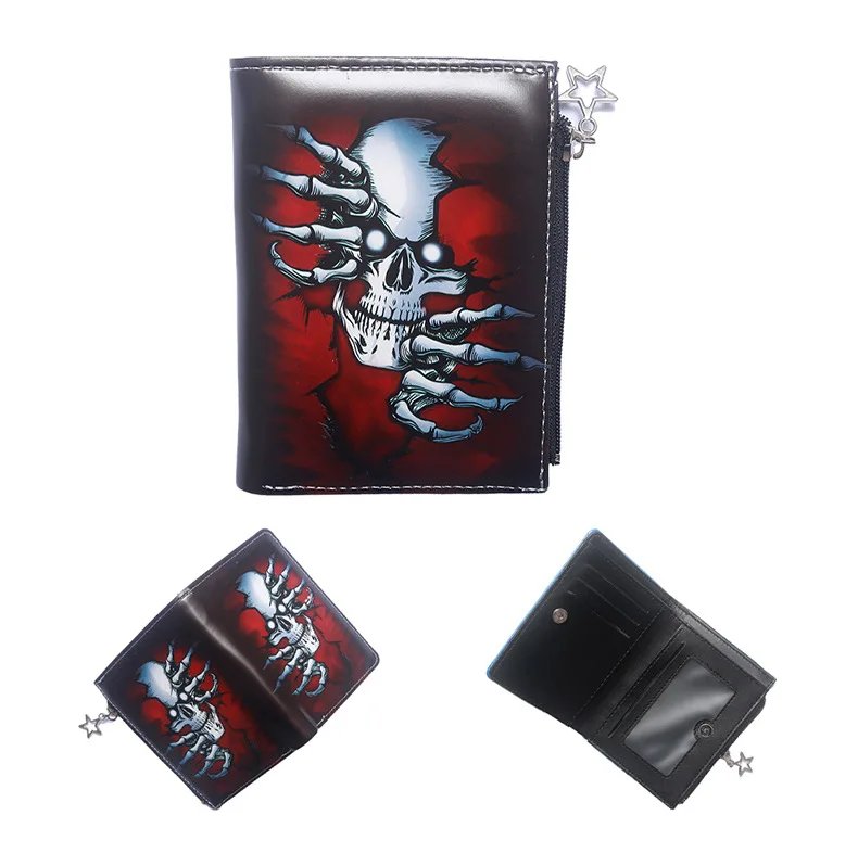 Skull Dark Halloween Theme Zipper PU Leather Wallet Cartoon Short Bilfold Purse Trendy Gift