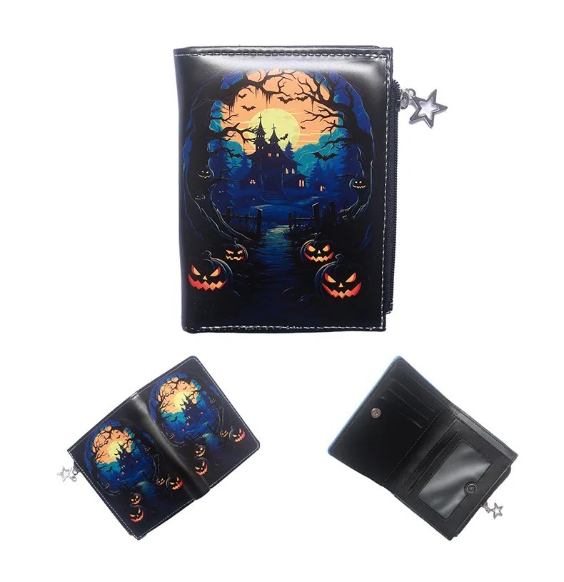 Skull Dark Halloween Theme Zipper PU Leather Wallet Cartoon Short Bilfold Purse Trendy Gift