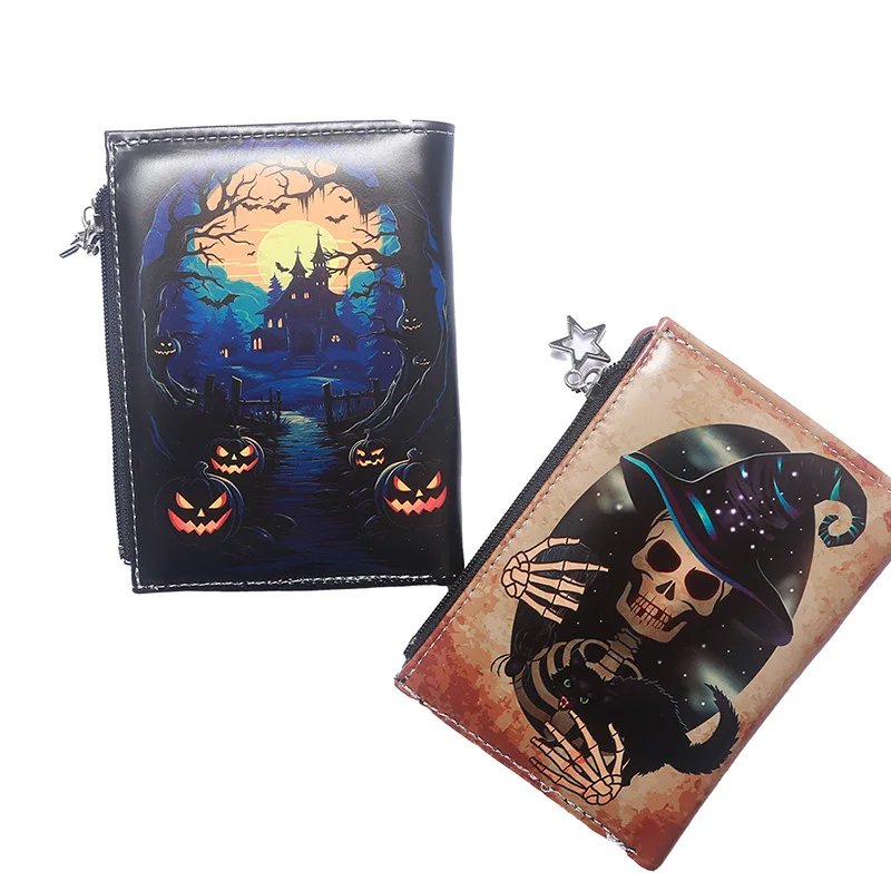 Skull Dark Halloween Theme Zipper PU Leather Wallet Cartoon Short Bilfold Purse Trendy Gift