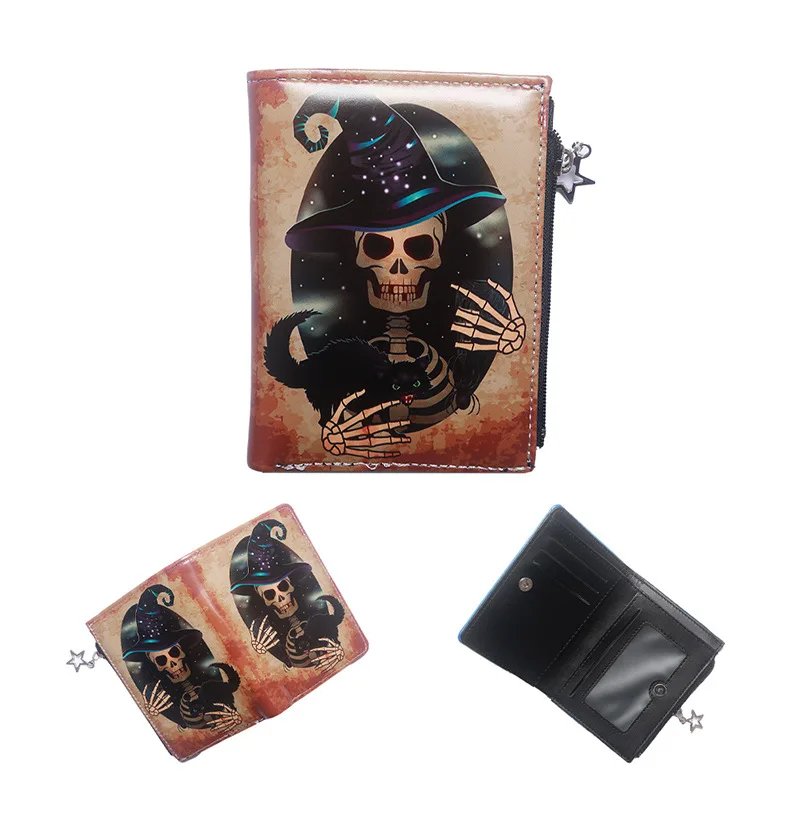 Skull Dark Halloween Theme Zipper PU Leather Wallet Cartoon Short Bilfold Purse Trendy Gift