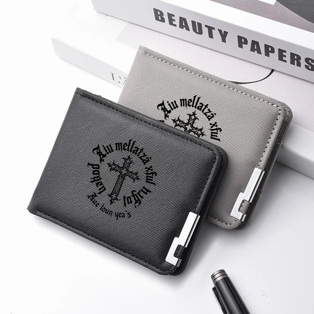 Men's Double-Fold Wallet With Cross-Letter Printed PU Leather Short Card Holder For Fashionable And Casual Use