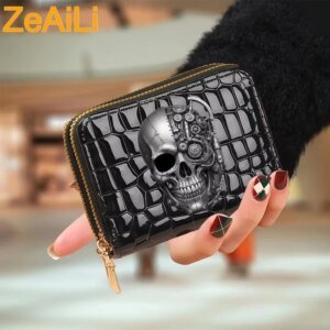 ZeAiLi Skull Black Rose Cat Cards Wallet Secure Double Zip Clutch PU Leather Purse with Card Slots Cartoon Storage Card Bag