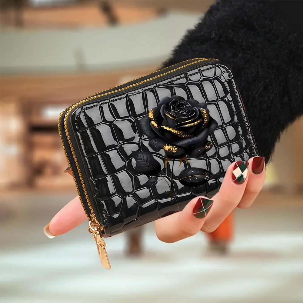 ZeAiLi Skull Black Rose Cat Cards Wallet Secure Double Zip Clutch PU Leather Purse with Card Slots Cartoon Storage Card Bag ZeAiLi Skull Black Rose Cat Cards Wallet Secure Double Zip Clutch PU Leather Purse with Card Slots Cartoon Storage Card Bag