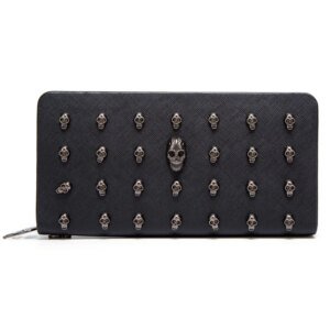 Womenās Skull Head Black Handheld Long Wallet, Gothic Credit Card Clip Mobile Wallet, with Wrist Strap