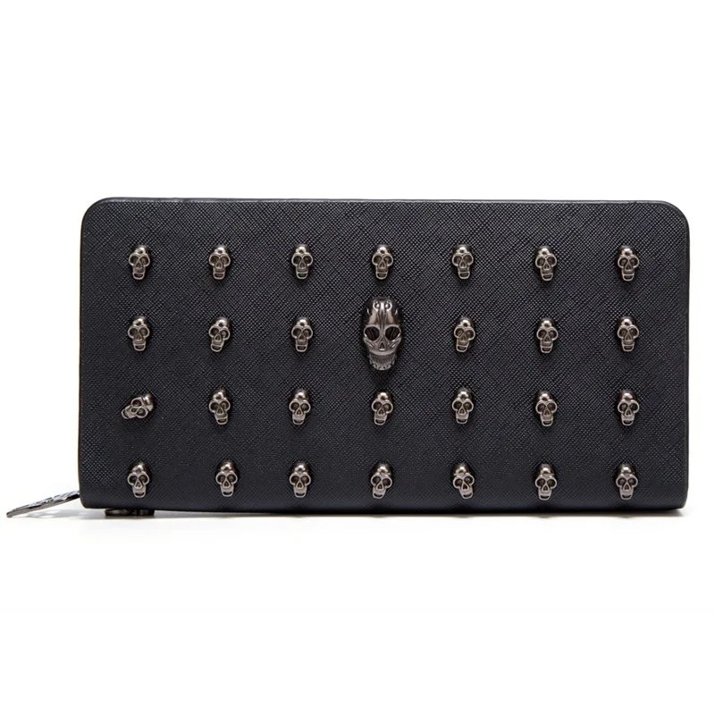 Women's Skull Head Black Handheld Long Wallet, Gothic Credit Card Clip Mobile Wallet, with Wrist Strap