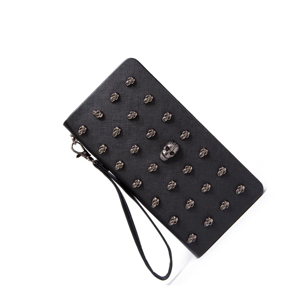 Women's Skull Head Black Handheld Long Wallet, Gothic Credit Card Clip Mobile Wallet, with Wrist Strap Women's Skull Head Black Handheld Long Wallet, Gothic Credit Card Clip Mobile Wallet, with Wrist Strap